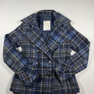 Vintage Y2K Aeropostale Wool Blend Blue And Gray Plaid Pea Coat Womens Size XS